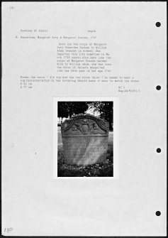 Photographs and research notes relating to graveyard monuments in Newdosk of Edzell Churchyard, Angus. 
