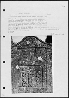 Photographs and research notes relating to graveyard monuments in Farnell Churchyard, Angus. 
