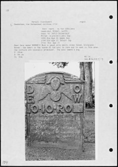 Photographs and research notes relating to graveyard monuments in Farnell Churchyard, Angus. 
