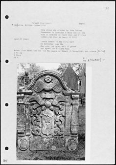 Photographs and research notes relating to graveyard monuments in Farnell Churchyard, Angus. 
