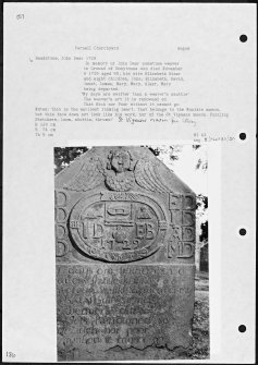 Photographs and research notes relating to graveyard monuments in Farnell Churchyard, Angus. 
