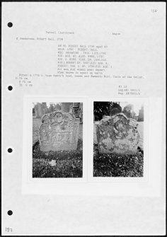 Photographs and research notes relating to graveyard monuments in Farnell Churchyard, Angus. 
