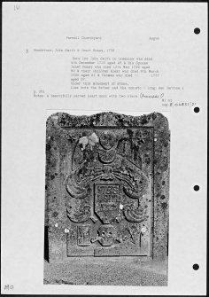 Photographs and research notes relating to graveyard monuments in Farnell Churchyard, Angus. 
