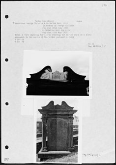 Photographs and research notes relating to graveyard monuments in Forfar Churchyard, Angus. 

