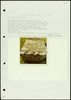 Photographs and research notes relating to graveyard monuments in Inchbrioch Churchyard, Angus. 
