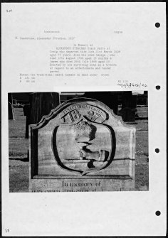 Photographs and research notes relating to graveyard monuments in Inchbrioch Churchyard, Angus. 
