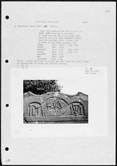 Photographs and research notes relating to graveyard monuments in Inchbrioch Churchyard, Angus. 
