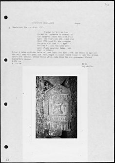 Photographs and research notes relating to graveyard monuments in Inverarity Churchyard, Angus. 
