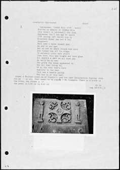 Photographs and research notes relating to graveyard monuments in Inverarity Churchyard, Angus. 
