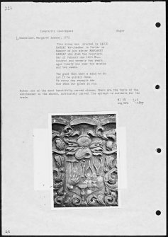 Photographs and research notes relating to graveyard monuments in Inverarity Churchyard, Angus. 
