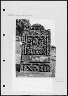 Photographs and research notes relating to graveyard monuments in Inverarity Churchyard, Angus. 
