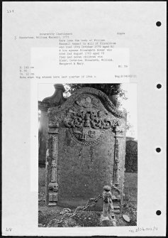 Photographs and research notes relating to graveyard monuments in Inverarity Churchyard, Angus. 
