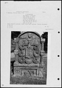 Photographs and research notes relating to graveyard monuments in Inverarity Churchyard, Angus. 
