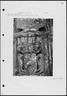 Photographs and research notes relating to graveyard monuments in Inverarity Churchyard, Angus. 
