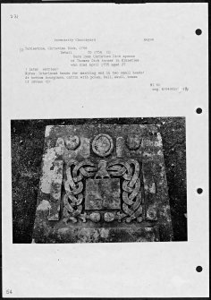 Photographs and research notes relating to graveyard monuments in Inverarity Churchyard, Angus. 
