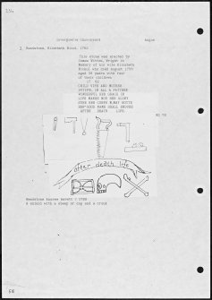 Photographs and research notes relating to graveyard monuments in Invergowrie Churchyard, Angus. 
