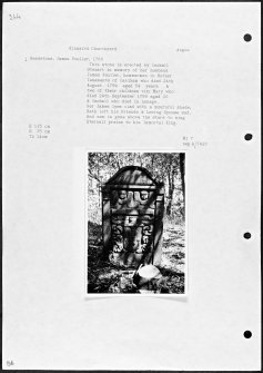 Photographs and research notes relating to graveyard monuments in Kinnaird Churchyard, Angus. 
