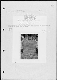 Photographs and research notes relating to graveyard monuments in Liff Churchyard, Angus. 
