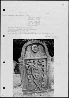 Photographs and research notes relating to graveyard monuments in Liff Churchyard, Angus. 
