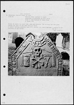 Photographs and research notes relating to graveyard monuments in Liff Churchyard, Angus. 
