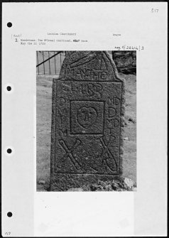 Photographs and research notes relating to graveyard monuments in Lochlee Churchyard, Angus. 
