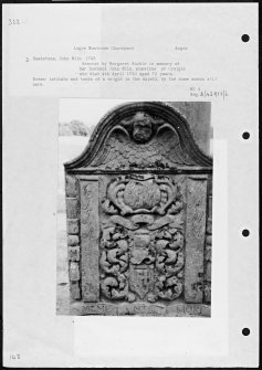 Photographs and research notes relating to graveyard monuments in Logie Montrose Churchyard, Angus. 
