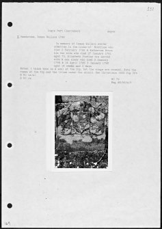 Photographs and research notes relating to graveyard monuments in Logie Pert Churchyard, Angus. 
