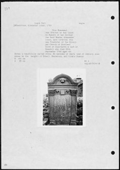 Photographs and research notes relating to graveyard monuments in Logie Pert Churchyard, Angus. 
