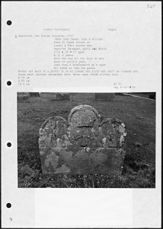 Photographs and research notes relating to graveyard monuments in Lundie Churchyard, Angus. 
