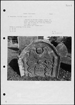 Photographs and research notes relating to graveyard monuments in Lundie Churchyard, Angus. 
