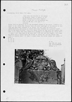 Photographs and research notes relating to graveyard monuments in Menmuir Churchyard, Angus. 
