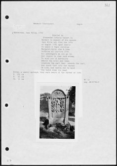 Photographs and research notes relating to graveyard monuments in Menmuir Churchyard, Angus. 
