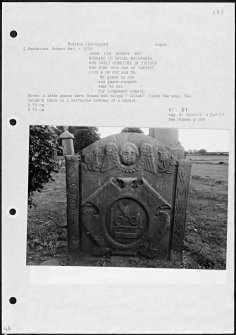 Photographs and research notes relating to graveyard monuments in Monikie Churchyard, Angus. 
