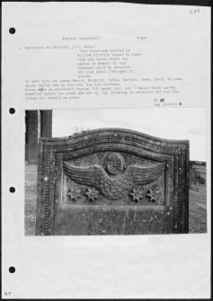 Photographs and research notes relating to graveyard monuments in Monikie Churchyard, Angus. 
