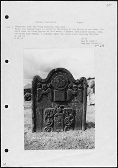 Photographs and research notes relating to graveyard monuments in Monikie Churchyard, Angus. 
