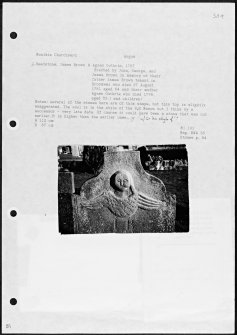 Photographs and research notes relating to graveyard monuments in Monikie Churchyard, Angus. 
