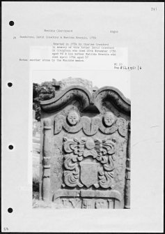 Photographs and research notes relating to graveyard monuments in Monikie Churchyard, Angus. 
