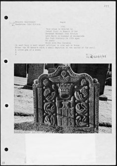 Photographs and research notes relating to graveyard monuments in Monikie Churchyard, Angus. 
