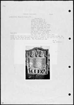 Photographs and research notes relating to graveyard monuments in Monikie Churchyard, Angus. 
