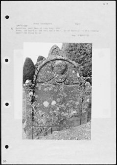 Photographs and research notes relating to graveyard monuments in Nevay Churchyard, Angus. 
