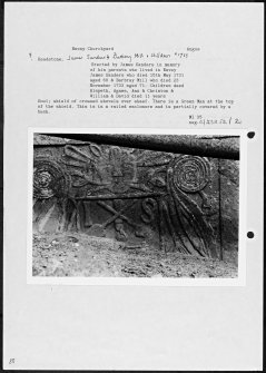 Photographs and research notes relating to graveyard monuments in Nevay Churchyard, Angus. 
