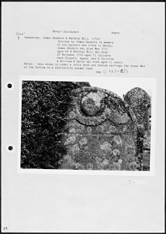 Photographs and research notes relating to graveyard monuments in Nevay Churchyard, Angus. 
