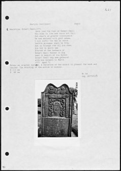 Photographs and research notes relating to graveyard monuments in Newtyle Churchyard, Angus. 
