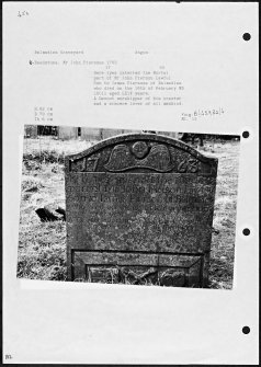 Photographs and research notes relating to graveyard monuments in Balmadies Graveyard, Angus. 
