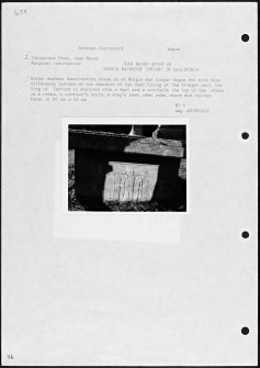 Photographs and research notes relating to graveyard monuments in Ruthven Churchyard, Angus. 
