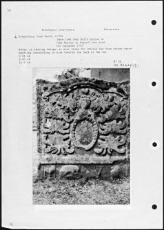 Photographs and research notes relating to graveyard monuments in Arbuthnott Churchyard, Kincardineshire.
