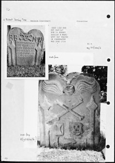 Photographs and research notes relating to graveyard monuments in Benholm Churchyard, Kincardineshire.
