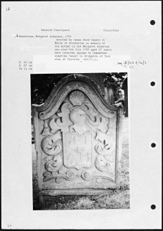 Photographs and research notes relating to graveyard monuments in Benholm Churchyard, Kincardineshire.
