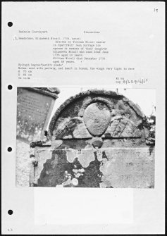 Photographs and research notes relating to graveyard monuments in Benholm Churchyard, Kincardineshire.
