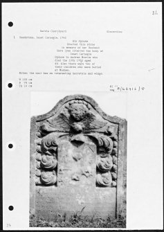 Photographs and research notes relating to graveyard monuments in Bervie Churchyard, Kincardineshire.
